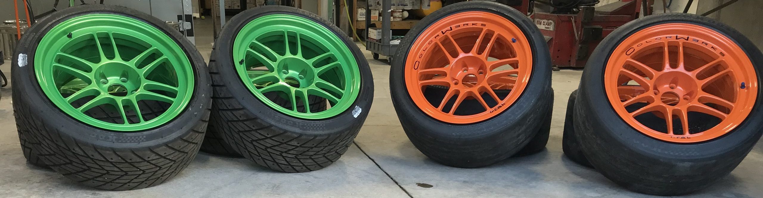 powder coated green and orange rims