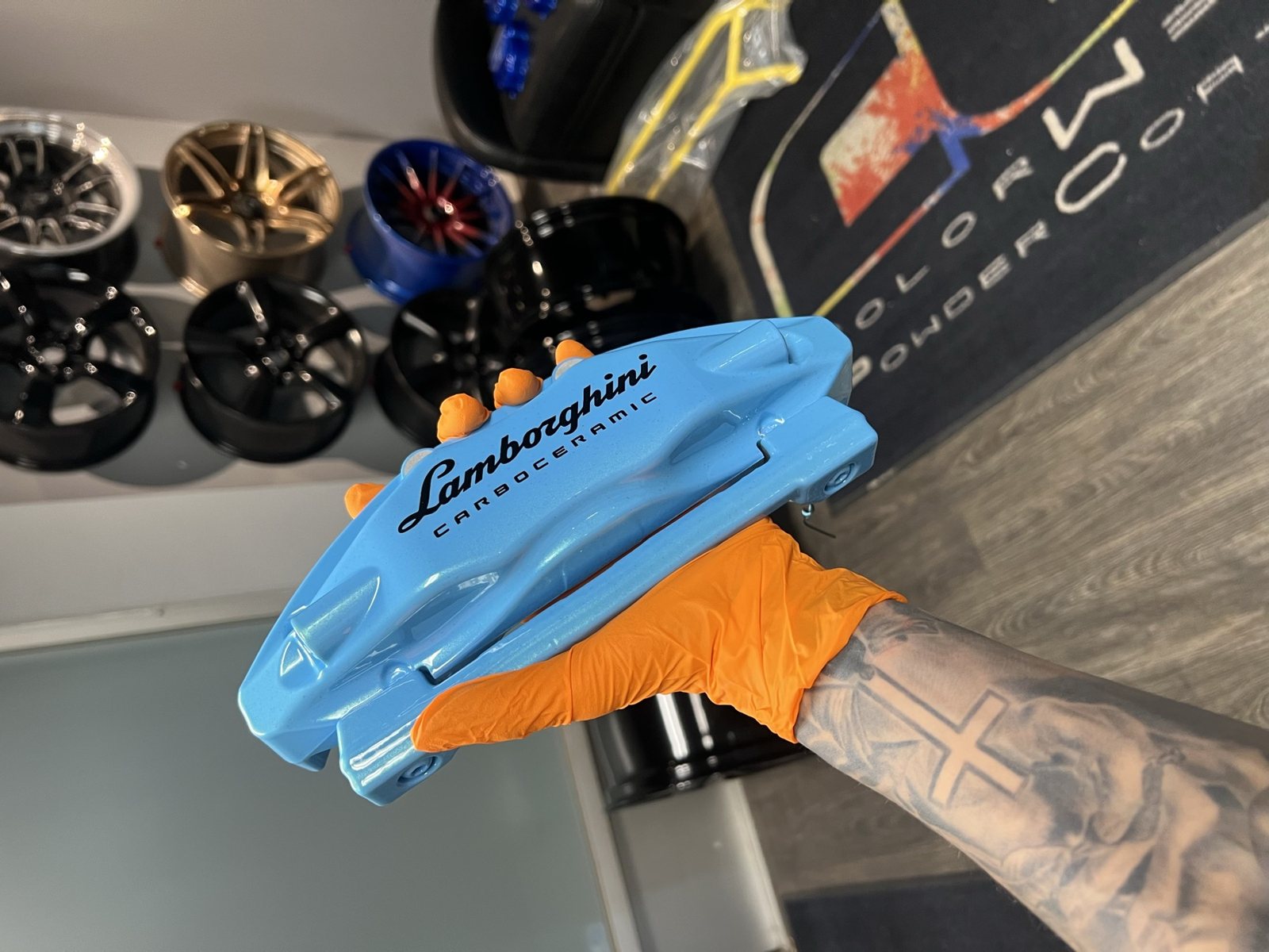 Light blue powder coated Lamborghini calipers