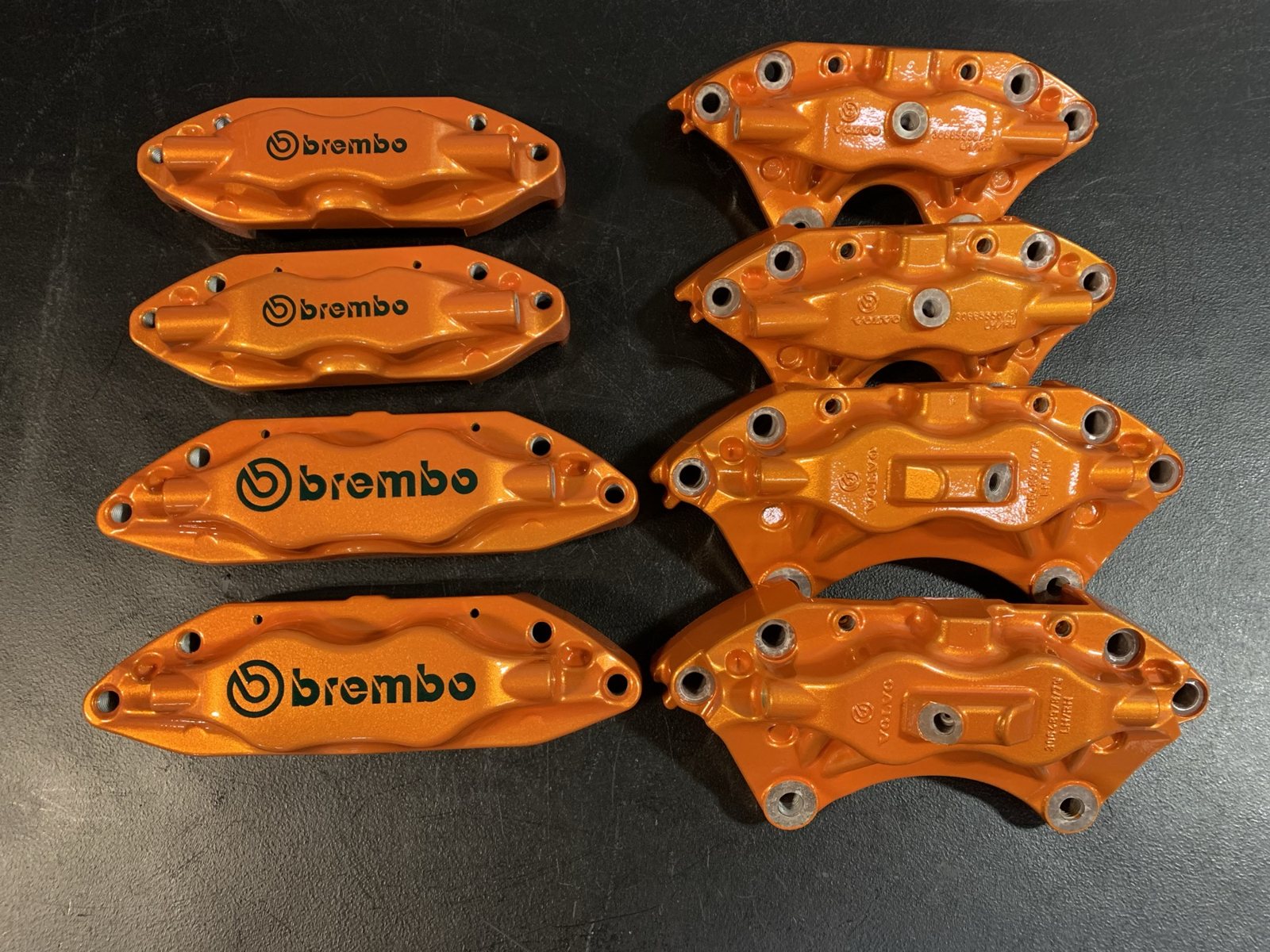 Metallic orange powder coated Volvo calipers