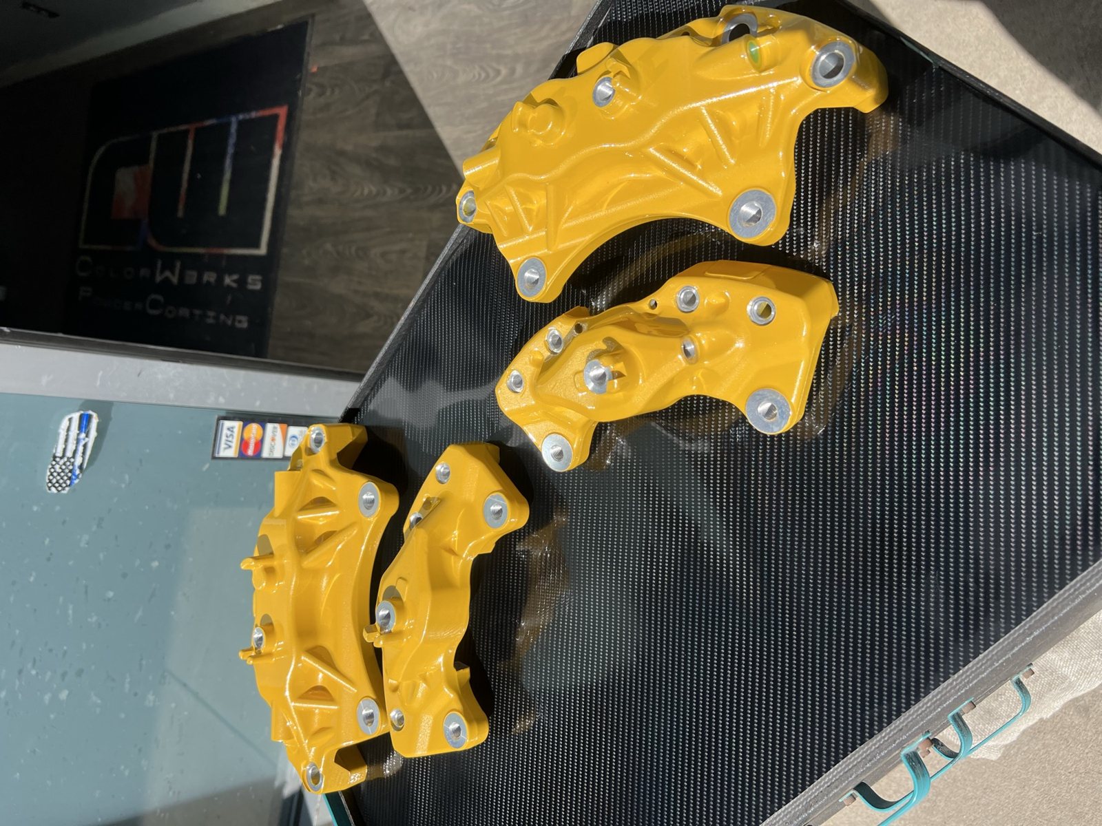 Yellow powder coated brake calipers